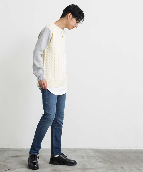 WEGO(ウィゴー)の「WEGO/サイドジップケーブルニット(ニット/セーター・メンズ・オフホワイト/杢グレー・LARGE/MEDIUM)」の4枚目の写真