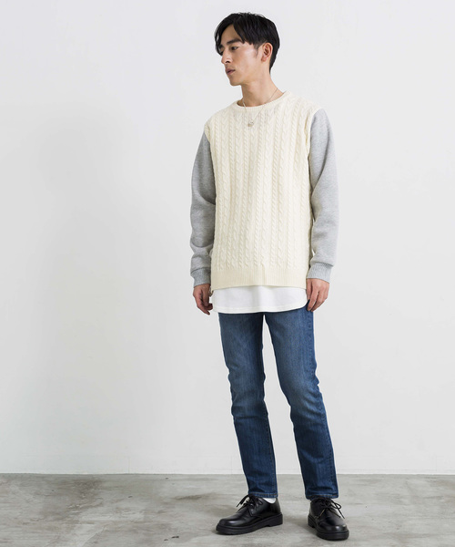 WEGO(ウィゴー)の「WEGO/サイドジップケーブルニット(ニット/セーター・メンズ・オフホワイト/杢グレー・LARGE/MEDIUM)」の5枚目の写真
