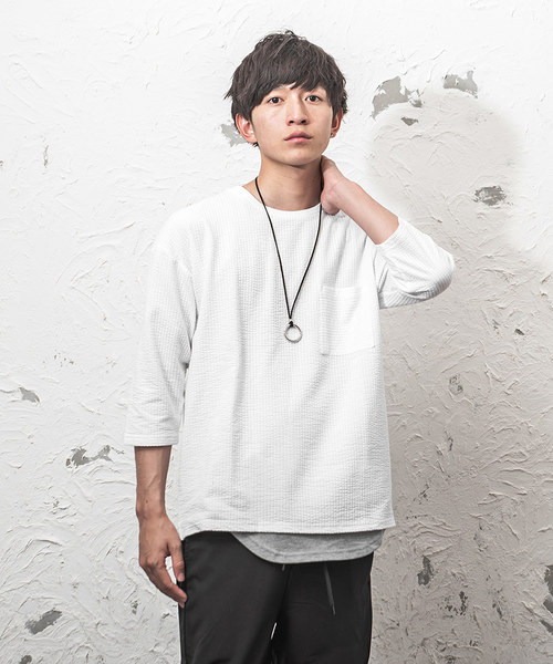 MinoriTY（マイノリティ）の「8分袖シアサッカーアンサンブル（Tシャツ/カットソー・メンズ・ホワイト×グレー/ブラック×ホワイト/ブラック系その他/ブルー系その他・M/L/XL）」の2枚目の写真