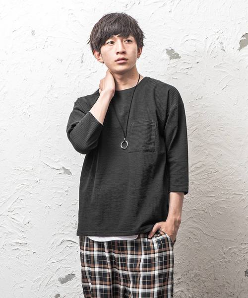 MinoriTY（マイノリティ）の「8分袖シアサッカーアンサンブル（Tシャツ/カットソー・メンズ・ホワイト×グレー/ブラック×ホワイト/ブラック系その他/ブルー系その他・M/L/XL）」の3枚目の写真