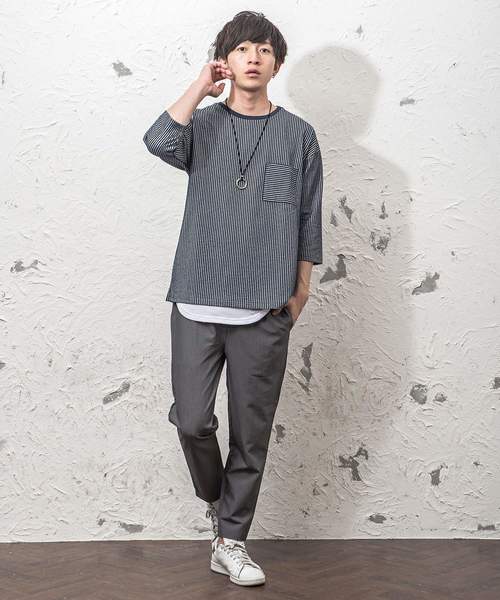 MinoriTY（マイノリティ）の「8分袖シアサッカーアンサンブル（Tシャツ/カットソー・メンズ・ホワイト×グレー/ブラック×ホワイト/ブラック系その他/ブルー系その他・M/L/XL）」の8枚目の写真