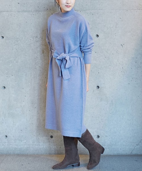 ラウンド大特価 特別価格激安セールのワンピース Claire メルローズ ワンピースソフトライト天竺共ベルト付ニットワンピース