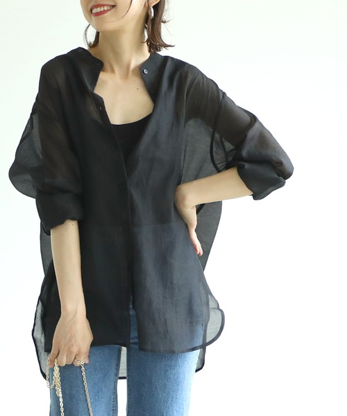 coca(coca)(コカ)の「バンドカラーシアーシャツ(シャツ/ブラウス・レディース・ライトブルー/グレー系その他/ブラック・ONE SIZE)」の2枚目の写真