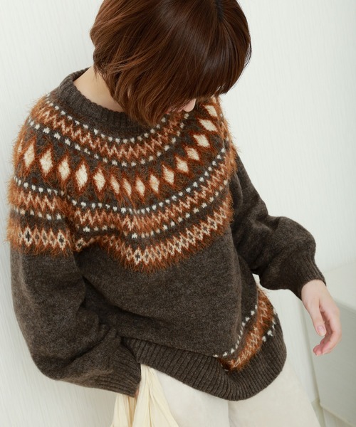 n'ee-ne(ネーネ)の「もちもちニット ノルディック柄ニット(ニット/セーター・レディース・グレイッシュベージュ/チャコールグレー/アイボリー/ダークブラウン・FREE)」の1枚目の写真