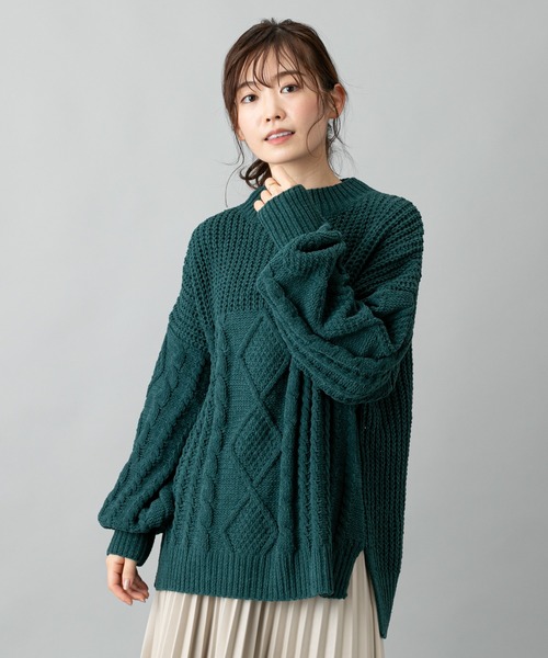 prose verse(プロズヴェール)の「編地切替えモールヤーンビッグニット(ニット/セーター・レディース・グリーン/オフホワイト/キャメル/ブラック・フリ-)」の18枚目の写真