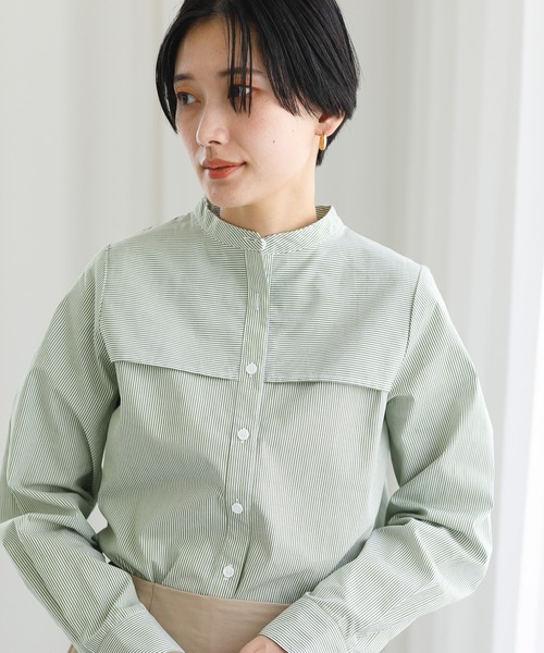 koe(コエ)の「前ヨーク付バンドカラーシャツ*(シャツ/ブラウス・レディース・ミント/ベージュ/サックスブルー・FREE)」の6枚目の写真