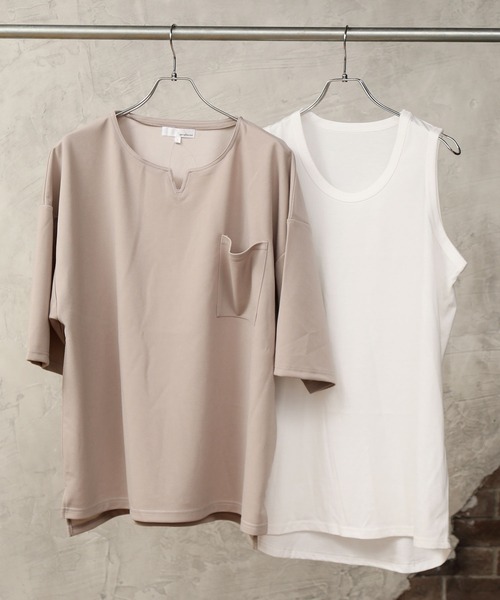 TopIsm（トップイズム）の「アンサンブル 半袖キーネック梨地ワイドカットソー&ロングタンクトップ（アンサンブル・メンズ・ホワイト/グレー系その他/ブラウン/ベージュ/ブラック・M/L）」の4枚目の写真