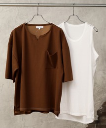 アンサンブル 半袖キーネック梨地ワイドカットソー&ロングタンクトップ