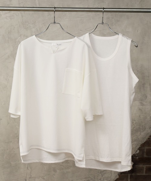 TopIsm（トップイズム）の「アンサンブル 半袖キーネック梨地ワイドカットソー&ロングタンクトップ（アンサンブル・メンズ・ホワイト/グレー系その他/ブラウン/ベージュ/ブラック・M/L）」の2枚目の写真