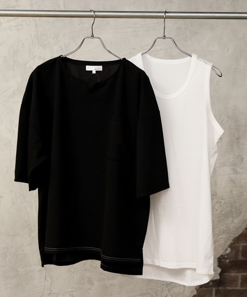 TopIsm（トップイズム）の「アンサンブル 半袖キーネック梨地ワイドカットソー&ロングタンクトップ（アンサンブル・メンズ・ホワイト/グレー系その他/ブラウン/ベージュ/ブラック・M/L）」の3枚目の写真