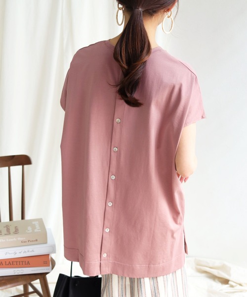 HER CLOSET(ハークローゼット)の「【shemoshelly】ドライタッチコットンバックスリットボタンフレンチスリーブ半袖プルオーバー(Tシャツ/カットソー・レディース・ブラック/オフホワイト/ピンク/ブルー/モカ・M)」の5枚目の写真