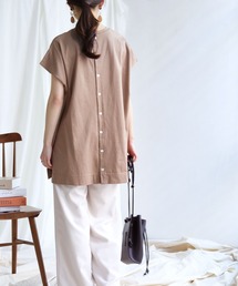 HER CLOSET | 【HERCLOSET】ドライタッチコットンバックスリットボタンフレンチスリーブ半袖プルオーバー(Tシャツ/カットソー)