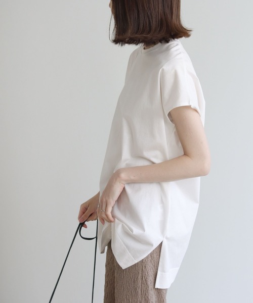 HER CLOSET(ハークローゼット)の「【shemoshelly】ドライタッチコットンバックスリットボタンフレンチスリーブ半袖プルオーバー(Tシャツ/カットソー・レディース・ブラック/オフホワイト/ピンク/ブルー/モカ・M)」の7枚目の写真