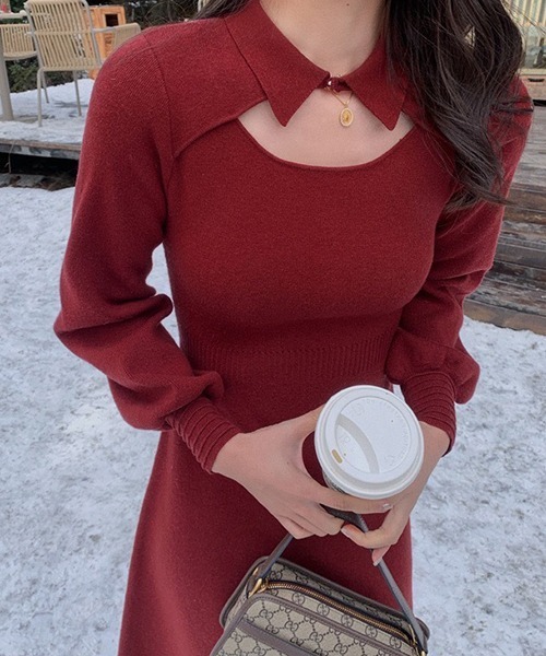 レトロデザイン ワンピース Frp エフアールピー のファッション ワンピース ドレス Yuga 小さなリボンのニットワンピース ワンピース