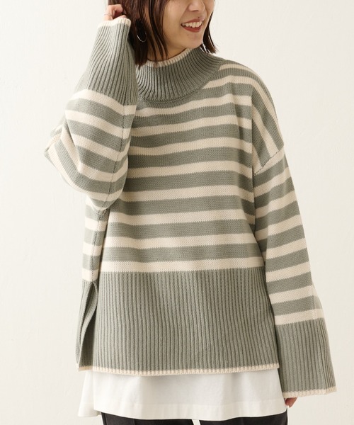 BONbazaar（ボンバザール）の「ボーダー柄脇スリットプルオーバー（ニット/セーター・レディース・ブラック/カーキ・FREE）」の2枚目の写真