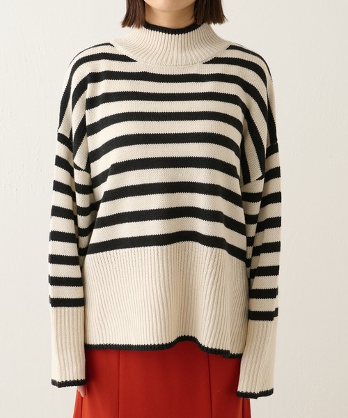 BONbazaar（ボンバザール）の「ボーダー柄脇スリットプルオーバー（ニット/セーター・レディース・ブラック/カーキ・FREE）」の4枚目の写真