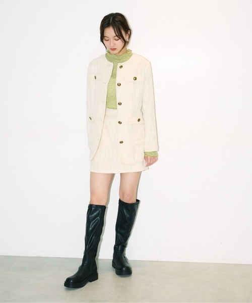 FREE'S MART（フリーズマート）の「◆ツイードミドル丈ジャケット（ノーカラージャケット・レディース・ホワイト/グリーン・SMALL/MEDIUM）」の6枚目の写真
