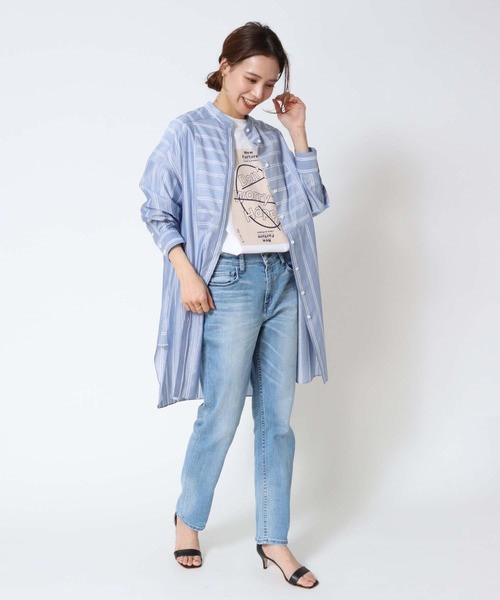 Jines(ジネス)の「ラメボーダー バンドカラーロングシャツブラウス(シャツ/ブラウス・レディース・ブルー/ホワイト・FREE)」の13枚目の写真