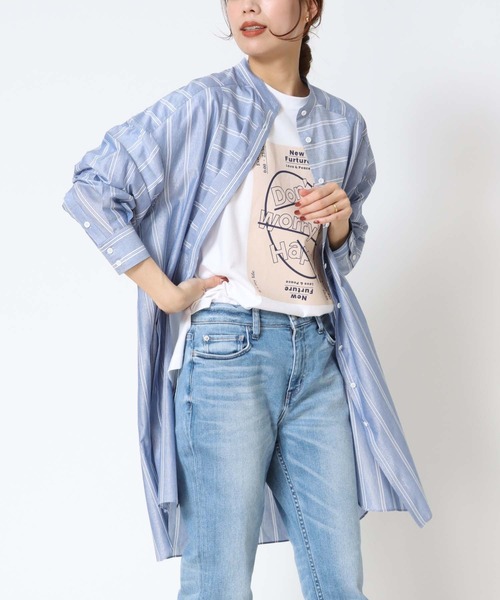 Jines(ジネス)の「ラメボーダー バンドカラーロングシャツブラウス(シャツ/ブラウス・レディース・ブルー/ホワイト・FREE)」の14枚目の写真