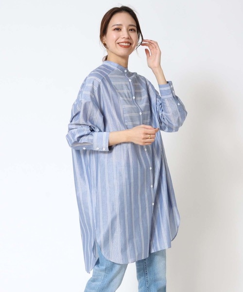 Jines(ジネス)の「ラメボーダー バンドカラーロングシャツブラウス(シャツ/ブラウス・レディース・ブルー/ホワイト・FREE)」の16枚目の写真