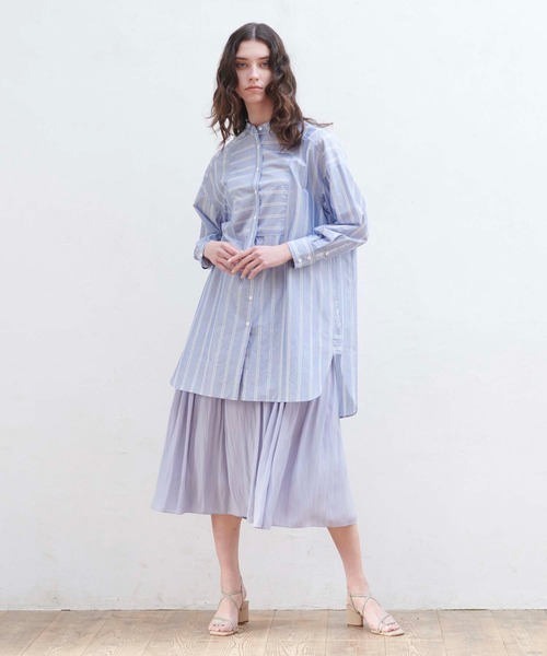 Jines(ジネス)の「ラメボーダー バンドカラーロングシャツブラウス(シャツ/ブラウス・レディース・ブルー/ホワイト・FREE)」の8枚目の写真