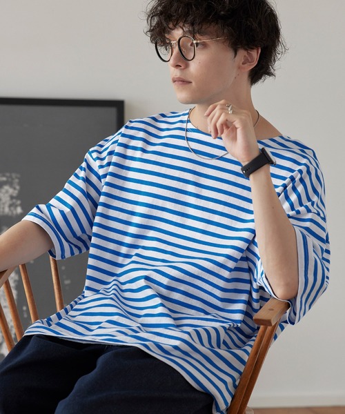 MONO-MART（モノマート）の「ルーズバスクボーダーボートネックTシャツ（Tシャツ/カットソー・メンズ・ブルー/ホワイト/ブラック/ホワイト系/ネイビー/ブルー系・M/L）」の6枚目の写真