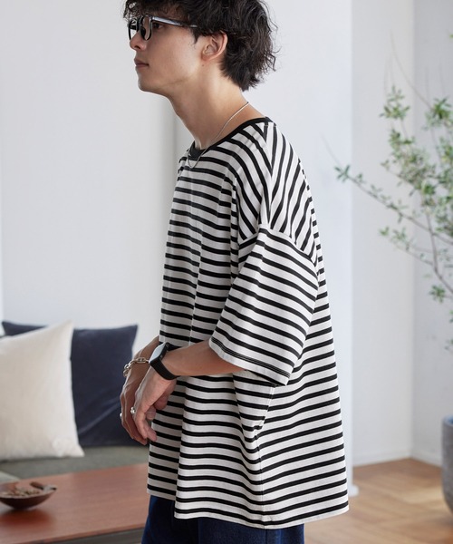 MONO-MART（モノマート）の「ルーズバスクボーダーボートネックTシャツ（Tシャツ/カットソー・メンズ・ブルー/ホワイト/ブラック/ホワイト系/ネイビー/ブルー系・M/L）」の20枚目の写真