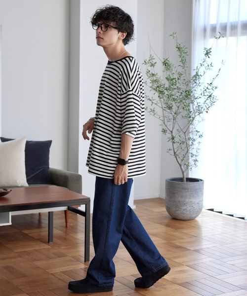 MONO-MART（モノマート）の「ルーズバスクボーダーボートネックTシャツ（Tシャツ/カットソー・メンズ・ブルー/ホワイト/ブラック/ホワイト系/ネイビー/ブルー系・M/L）」の19枚目の写真