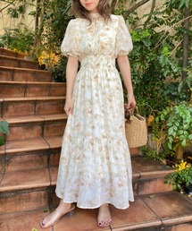 【再入荷】水彩花柄シャーリングワンピース