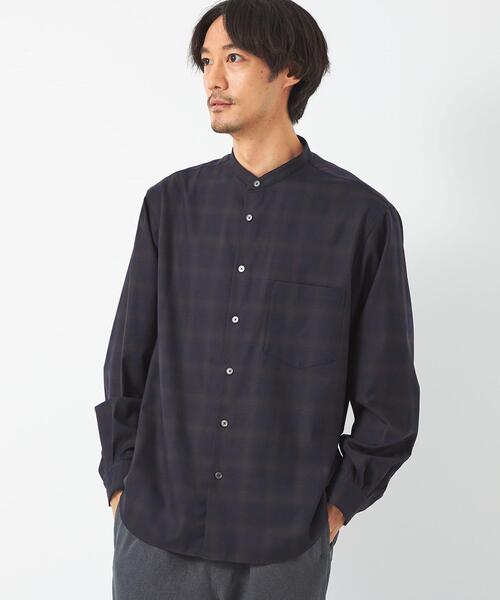 green label relaxing(グリーンレーベルリラクシング)の「ウォッシャブル ビエラ チェック バンドカラー シャツ -ストレッチ・マシンウォッシャブル・防シワ-(シャツ/ブラウス・メンズ・ナチュラル/グレー/ネイビー・S/M/XL/L)」の3枚目の写真