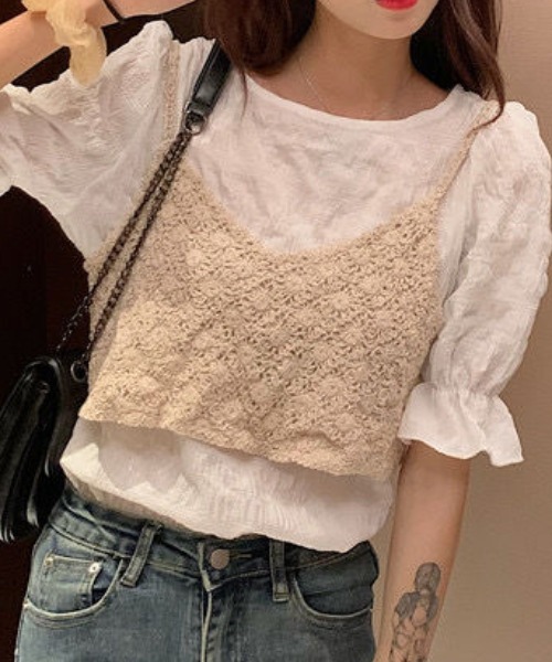 セール】さらっとお洒落。かぎ編み ショートVネックビスチェ クロシェ