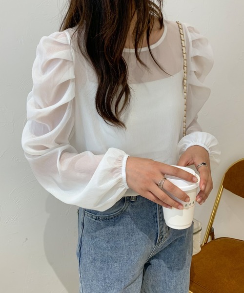 ECLIN(エクラン)の「パワーショルダーシアーブラウス(シャツ/ブラウス・レディース・ホワイト/チャコールグレー/ブラック/ベージュ・FREE)」の9枚目の写真