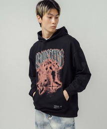 オーバーサイズ ロックプリント 裏毛プルオーバースウェットパーカー