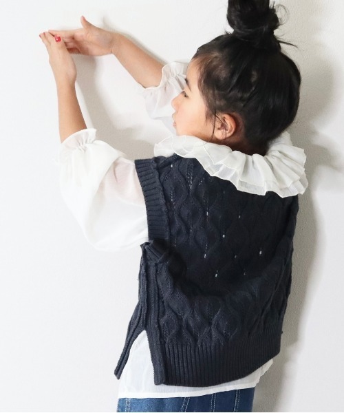 MAKE YOUR DAY（メイクユアデイ）の「リーフ柄ニットベスト■80～140cm（ベスト・キッズ・アイボリー/ネイビー/ライム・90/100/110/120/130/140）」の3枚目の写真