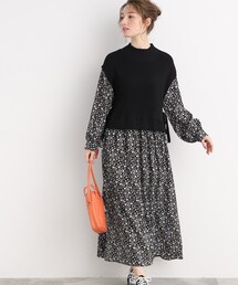 ◆【大人なフラワープリント】異素材ドッキングワンピース