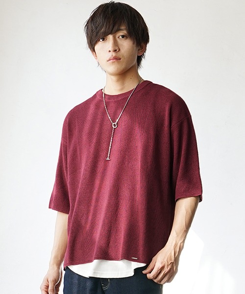 MinoriTY(マイノリティ)の「【MinoriTY】ビッグシルエットサマーニット クルーネック 5分袖/半袖 夏服 秋服 メンズ 無地 Tシャツ(ニット/セーター・メンズ・グリーン/グレイッシュベージュ/レッド/ブラック/ライトグレー・L/M/S)」の1枚目の写真