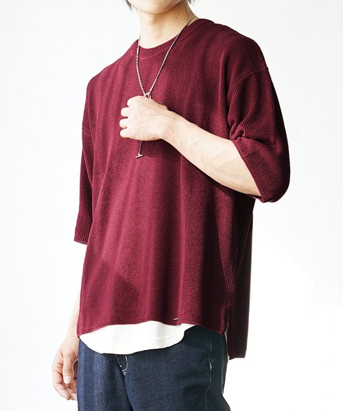 MinoriTY(マイノリティ)の「【MinoriTY】ビッグシルエットサマーニット クルーネック 5分袖/半袖 夏服 秋服 メンズ 無地 Tシャツ(ニット/セーター・メンズ・グリーン/グレイッシュベージュ/レッド/ブラック/ライトグレー・L/M/S)」の19枚目の写真