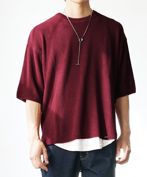 MinoriTY(マイノリティ)の「【MinoriTY】ビッグシルエットサマーニット クルーネック 5分袖/半袖 夏服 秋服 メンズ 無地 Tシャツ(ニット/セーター・メンズ・グリーン/グレイッシュベージュ/レッド/ブラック/ライトグレー・L/M/S)」の15枚目の写真