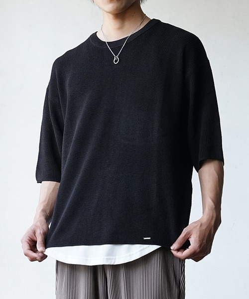 MinoriTY(マイノリティ)の「【MinoriTY】ビッグシルエットサマーニット クルーネック 5分袖/半袖 夏服 秋服 メンズ 無地 Tシャツ(ニット/セーター・メンズ・グリーン/グレイッシュベージュ/レッド/ブラック/ライトグレー・L/M/S)」の13枚目の写真
