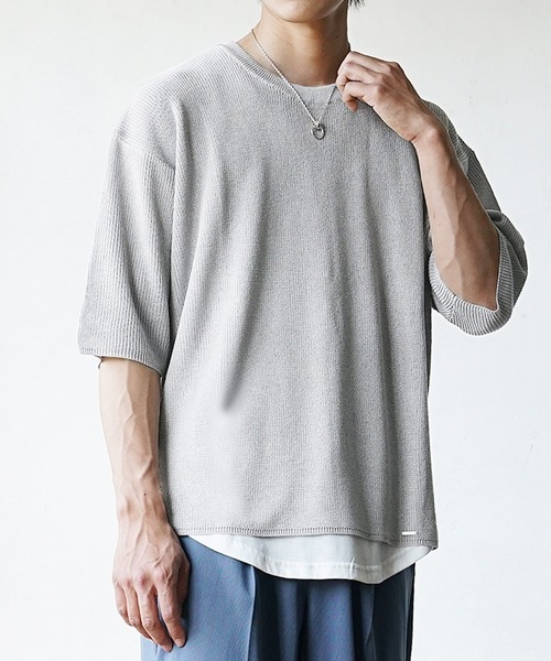 MinoriTY(マイノリティ)の「【MinoriTY】ビッグシルエットサマーニット クルーネック 5分袖/半袖 夏服 秋服 メンズ 無地 Tシャツ(ニット/セーター・メンズ・グリーン/グレイッシュベージュ/レッド/ブラック/ライトグレー・L/M/S)」の10枚目の写真