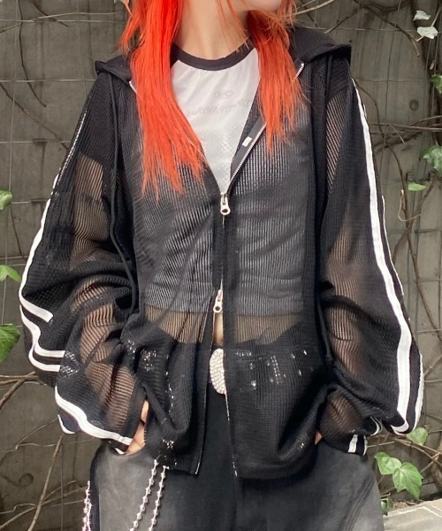 XU(エックスユー)の「ストリートファッション XU エックスユー Track Crop Mesh Hooded Zip Up オーバーサイズ ジップアップフーディ ジップパーカー メッシュトップス ライントップス(パーカー・メンズ・ホワイト/ブラック・ONE SIZE)」の17枚目の写真