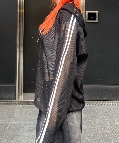 XU(エックスユー)の「ストリートファッション XU エックスユー Track Crop Mesh Hooded Zip Up オーバーサイズ ジップアップフーディ ジップパーカー メッシュトップス ライントップス(パーカー・メンズ・ホワイト/ブラック・ONE SIZE)」の18枚目の写真
