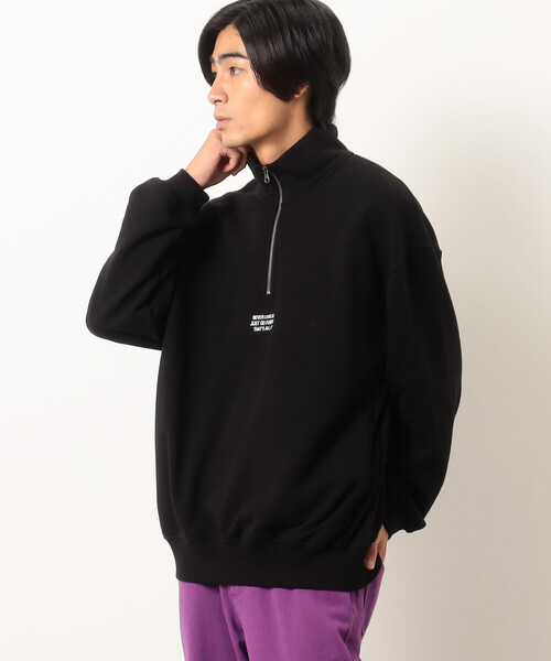 Purple&Yellow（パープルアンドイエロー）の「ＣＶＣ裏毛 メッセージ刺繍 ハーフジッププルオーバー（Tシャツ/カットソー・メンズ・ブラック/グリーン/オートミール・SMALL/LARGE/MEDIUM）」の2枚目の写真