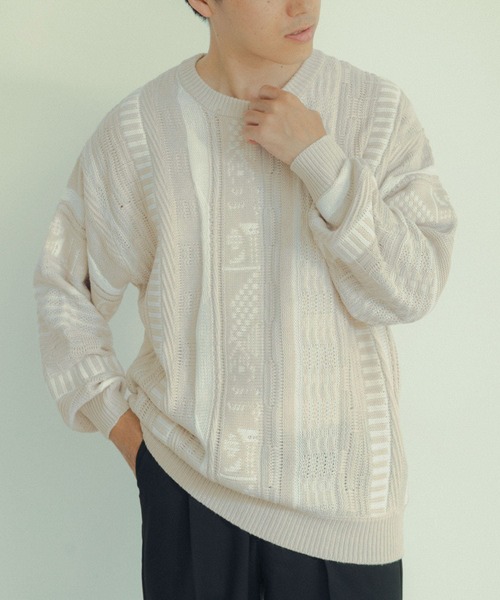 ITEMS URBANRESEARCH（アイテムズ アーバンリサーチ）の「マルチジャカード クルーネックニット（ニット/セーター・メンズ・アイボリー/ネイビー/ブラック/グリーン・MEDIUM/LARGE）」の2枚目の写真
