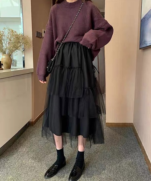 セール】チュールスカート ロング丈 ティアード リボン ボリューム