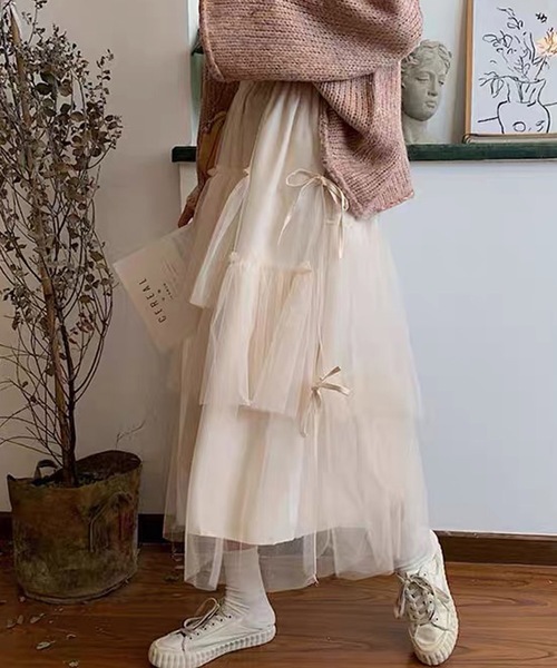 チュールスカート ロング丈 ティアード リボン ボリューム ミモレ丈