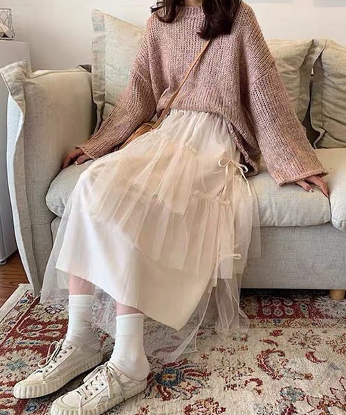 shopnikoniko（ショップニコニコ）の「チュールスカート ロング丈 ティアード リボン ボリューム  ミモレ丈 スカート バレエコア（スカート・レディース・ホワイト/ブラック・フリー）」の11枚目の写真