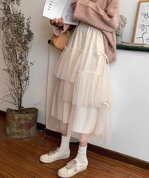 あきさん専用24h限定⭐︎lounge dress チュールスカート セール】チュールスカート ロング丈 ティアード リボン ボリューム