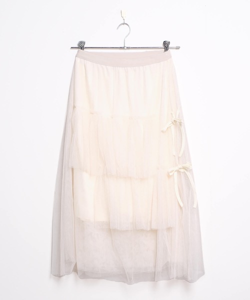 shopnikoniko（ショップニコニコ）の「チュールスカート ロング丈 ティアード リボン ボリューム  ミモレ丈 スカート バレエコア（スカート・レディース・ホワイト/ブラック・フリー）」の15枚目の写真