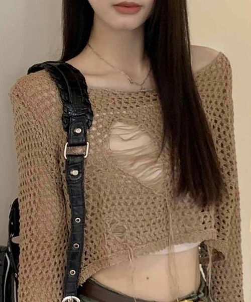 NANEA(ナネア)の「ダメージメッシュシアーニット七分袖(ニット/セーター・レディース・ナチュラル/アイボリー/ブラック/ベージュ・LARGE/SMALL/MEDIUM/フリー)」の3枚目の写真